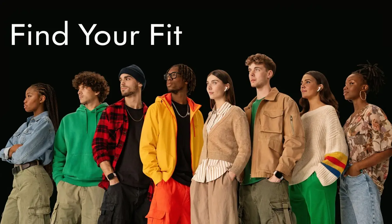 A diverse group of eight young adults standing together against a black background, looking towards the right.