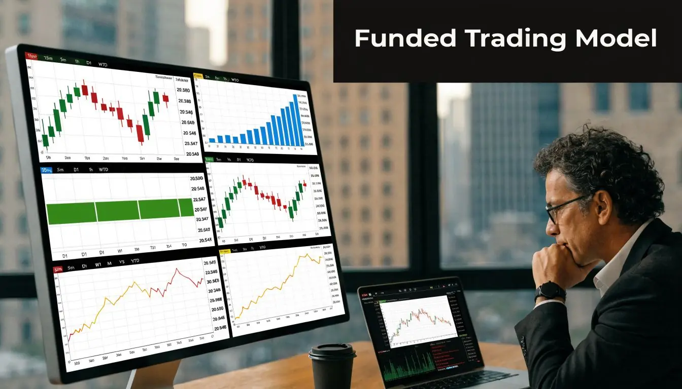 A professional trader analyzes complex financial market data on multiple computer monitors in a modern office setting.