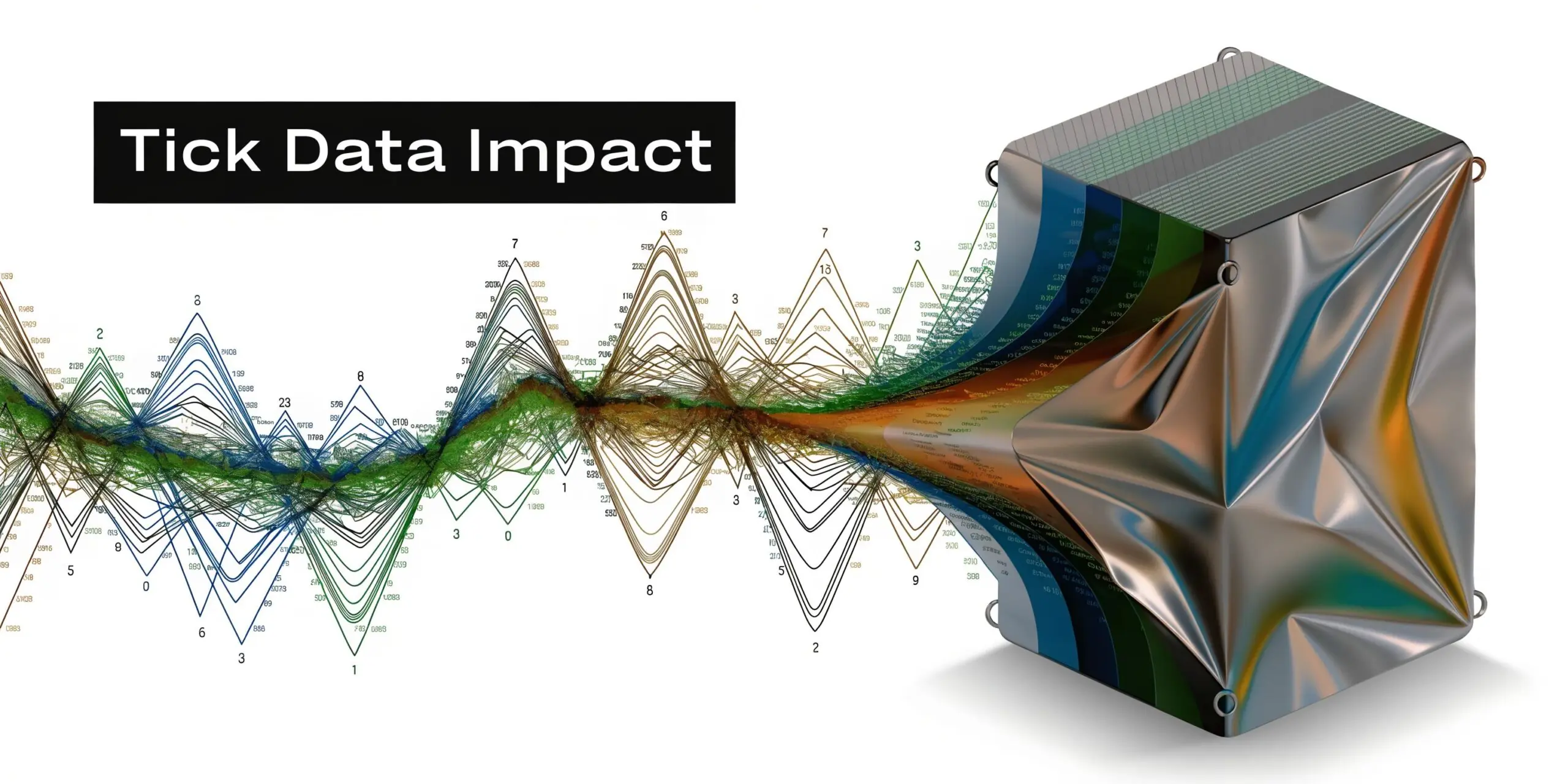 A conceptual graphic showing chaotic data lines funneling into a metallic cube representing tick data impact.