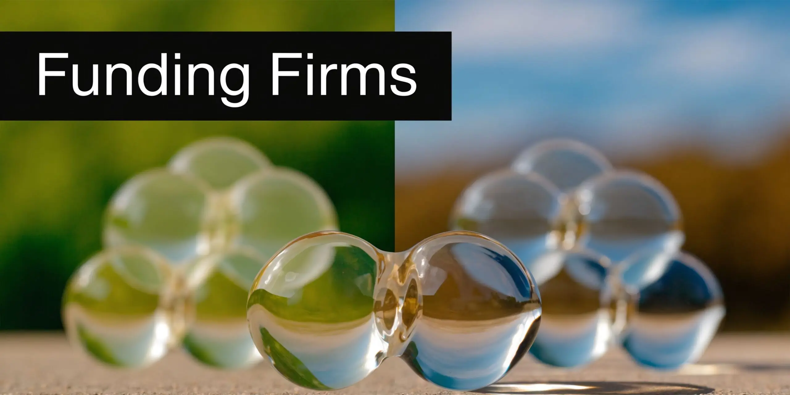 Glass orbs reflecting nature, symbolizing growth and investment alongside the text overlay Funding Firms.