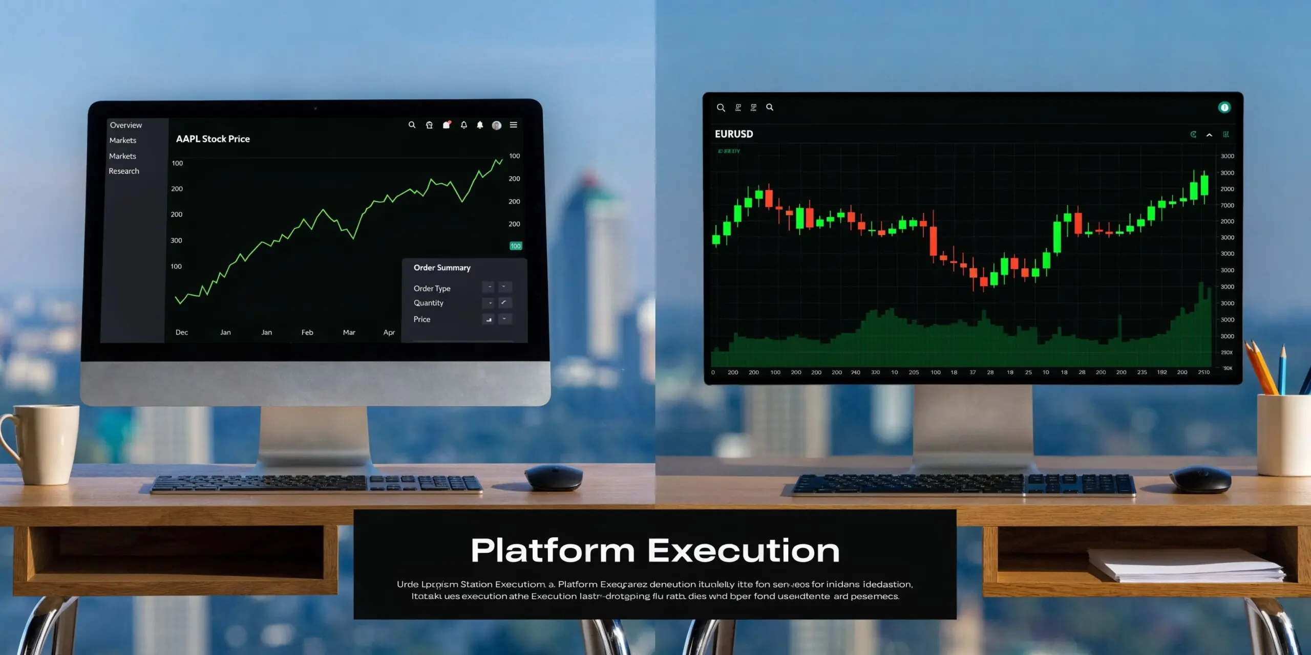 Two computer monitors on a wooden desk displaying financial stock market charts and trading data analysis software.