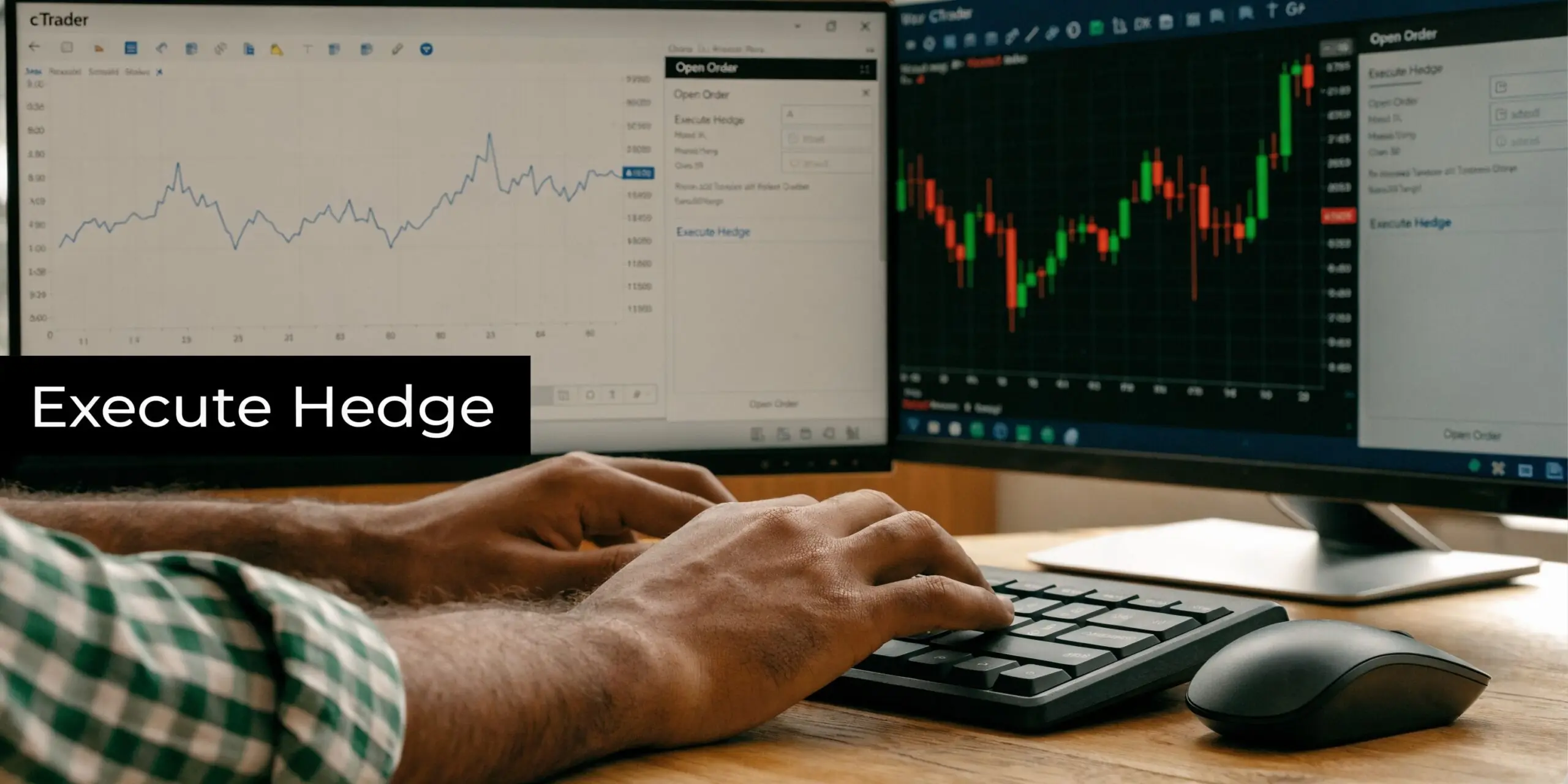 A person typing on a keyboard while analyzing forex trading charts on dual computer monitors.