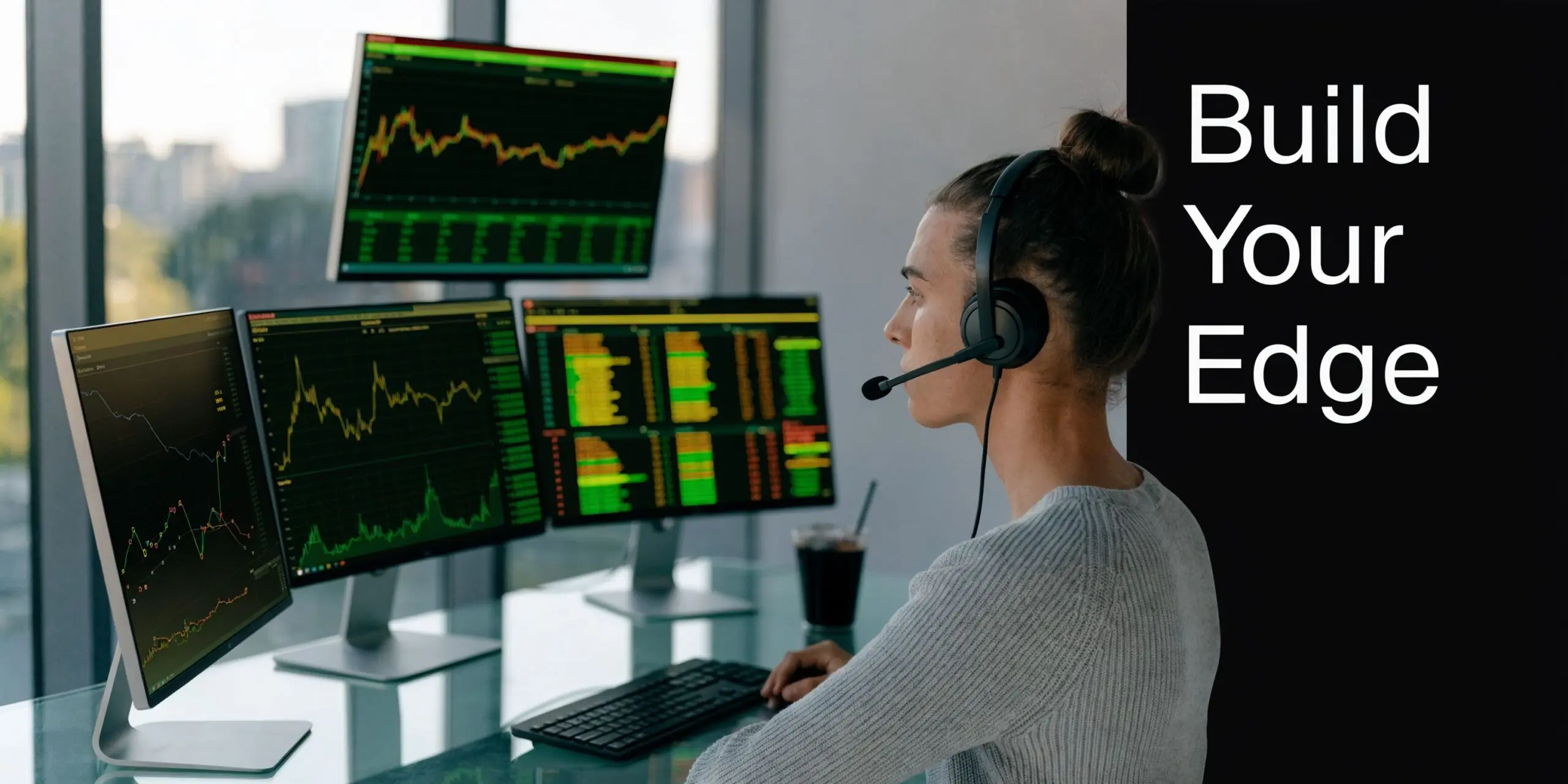 A professional stock trader focused on multiple computer screens displaying complex financial charts and data analytics.