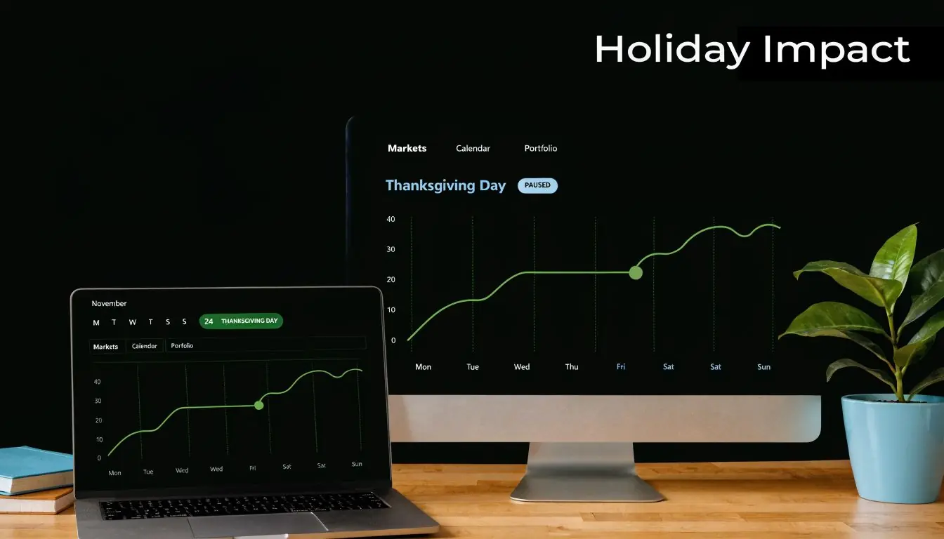 A workspace with a laptop and desktop computer displaying financial market graphs highlighting the impact of Thanksgiving holiday.
