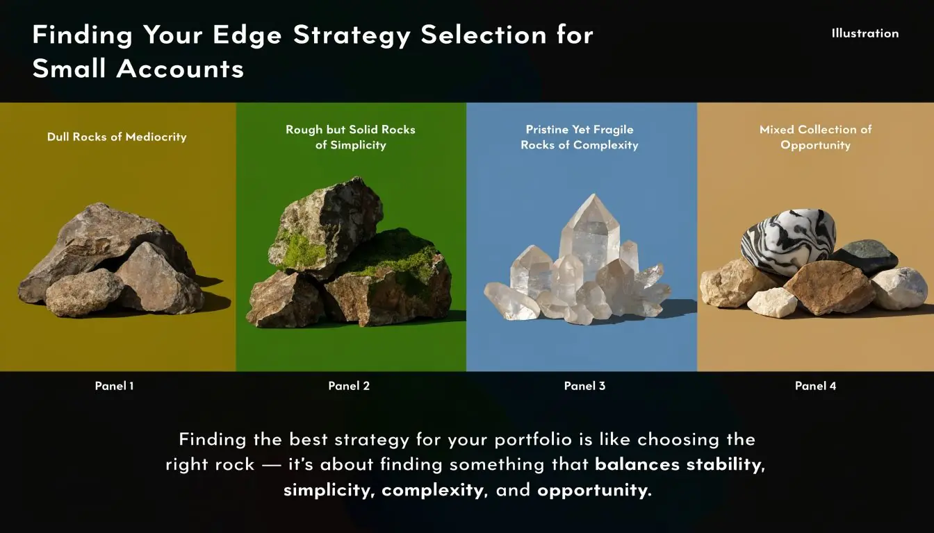 Four types of rocks displayed against colored backgrounds representing strategic investment choices for small trading accounts.