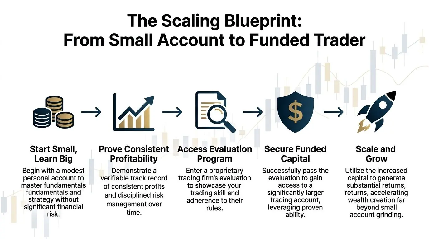 A step-by-step roadmap showing how to scale a small trading account into a funded trading career.