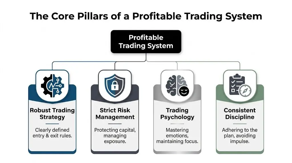 A diagram illustrating the four core pillars of a profitable trading system including strategy, risk, psychology, and discipline.