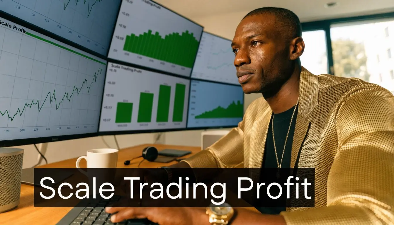 A professional trader in a gold blazer monitors multiple computer screens displaying green stock market charts.