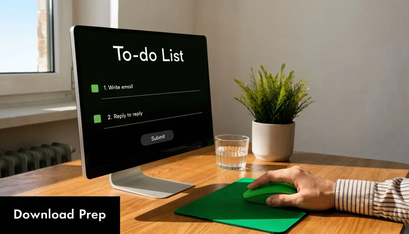 A person using a computer mouse at a wooden desk with a to-do list on screen.