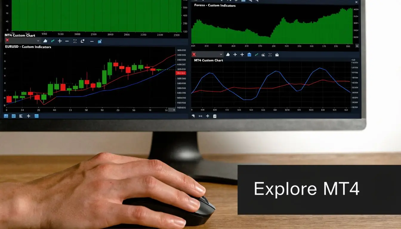 A close-up view of a person using a computer mouse to analyze MT4 forex trading chart data.