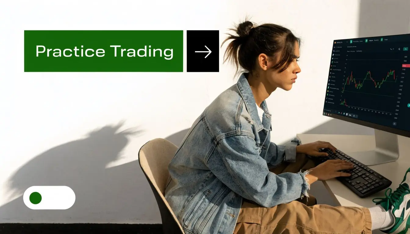 A young woman sitting at a desk and practicing trading on a computer monitor in a bright room.