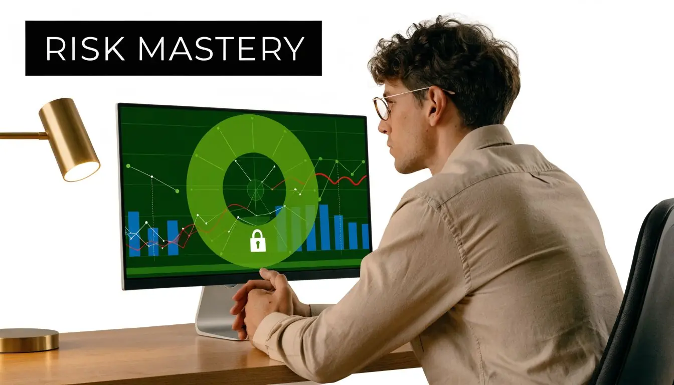 A man focused on a computer monitor displaying financial data and a digital security lock icon.