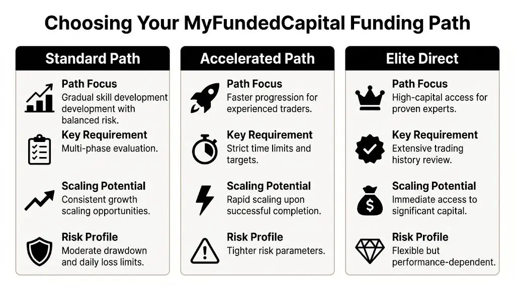 A comparison chart outlining the three different trading funding paths available at MyFundedCapital for traders.