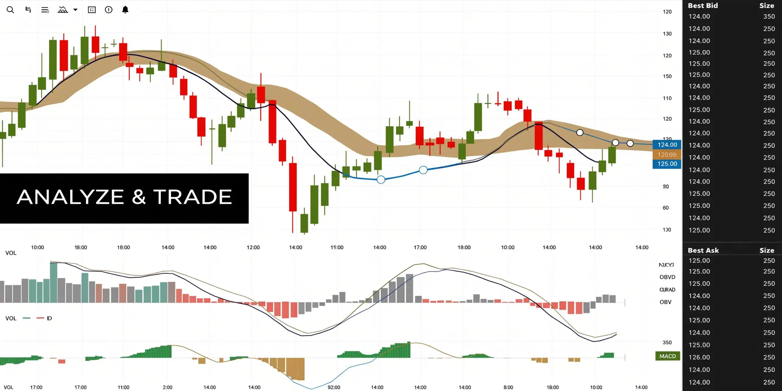 A financial candlestick chart displayed on the NinjaTrader platform showing market price trends and technical indicators.