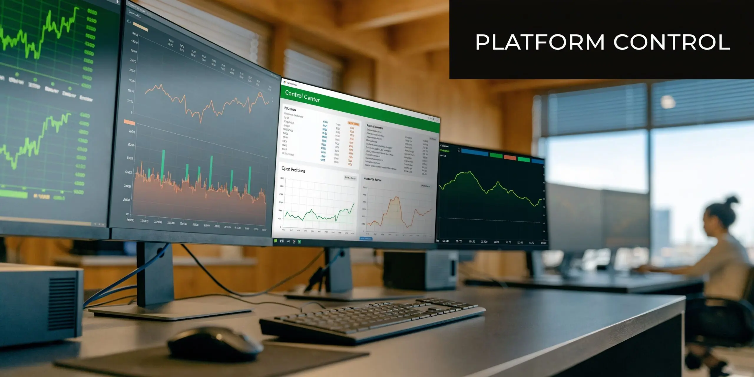 Professional trading workstation with multiple monitors displaying stock market graphs and data in a modern office.