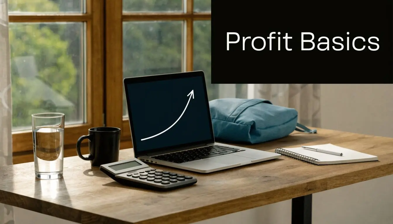 A modern workspace with a laptop displaying an upward growth arrow, calculator, and notebook on a desk.