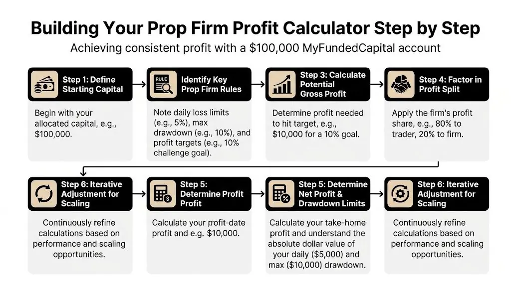 A flowchart guide explaining the step-by-step process of building a prop firm trading profit calculator.