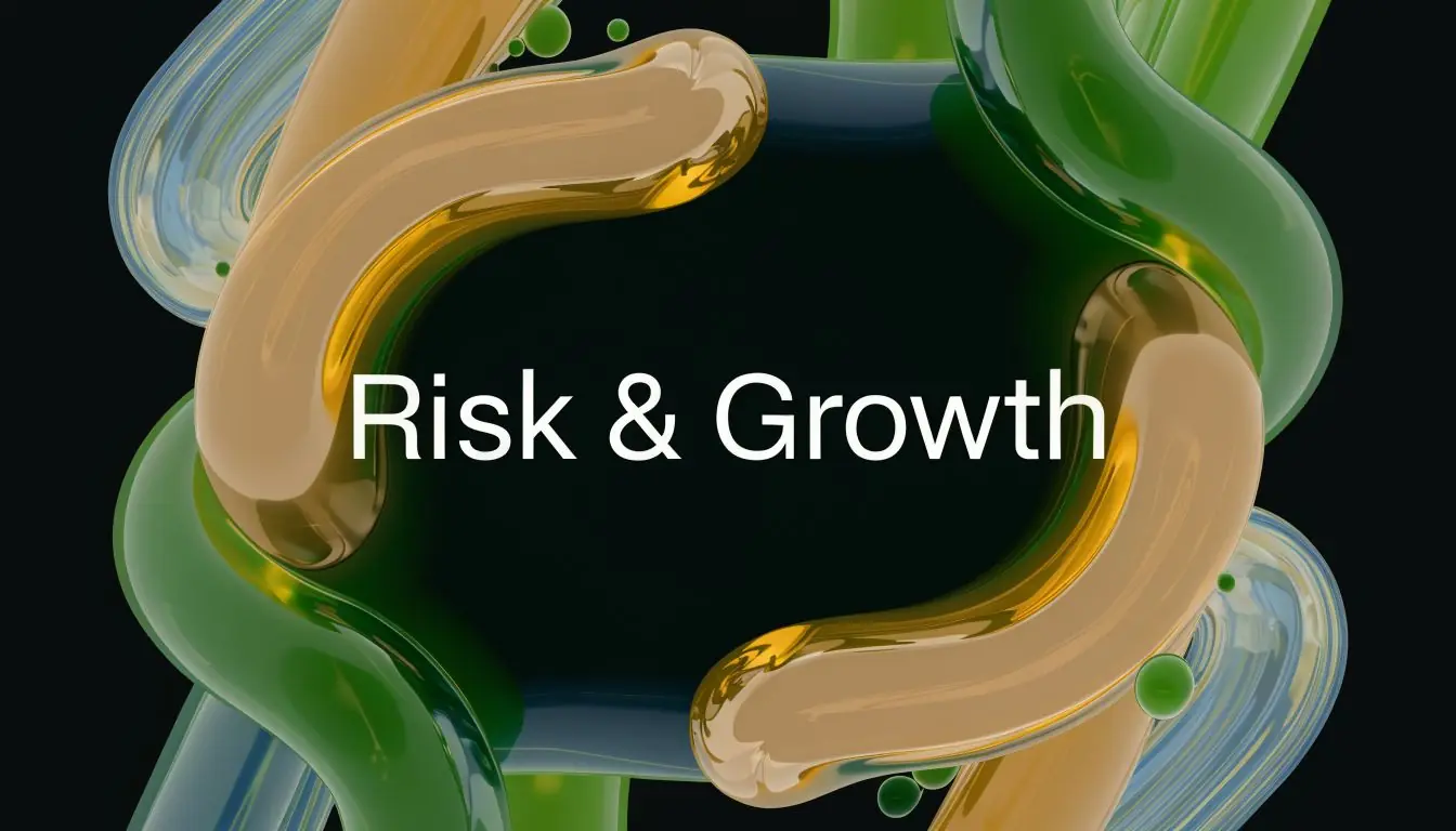An abstract graphic featuring fluid green and amber glossy tubes surrounding the text Risk and Growth.