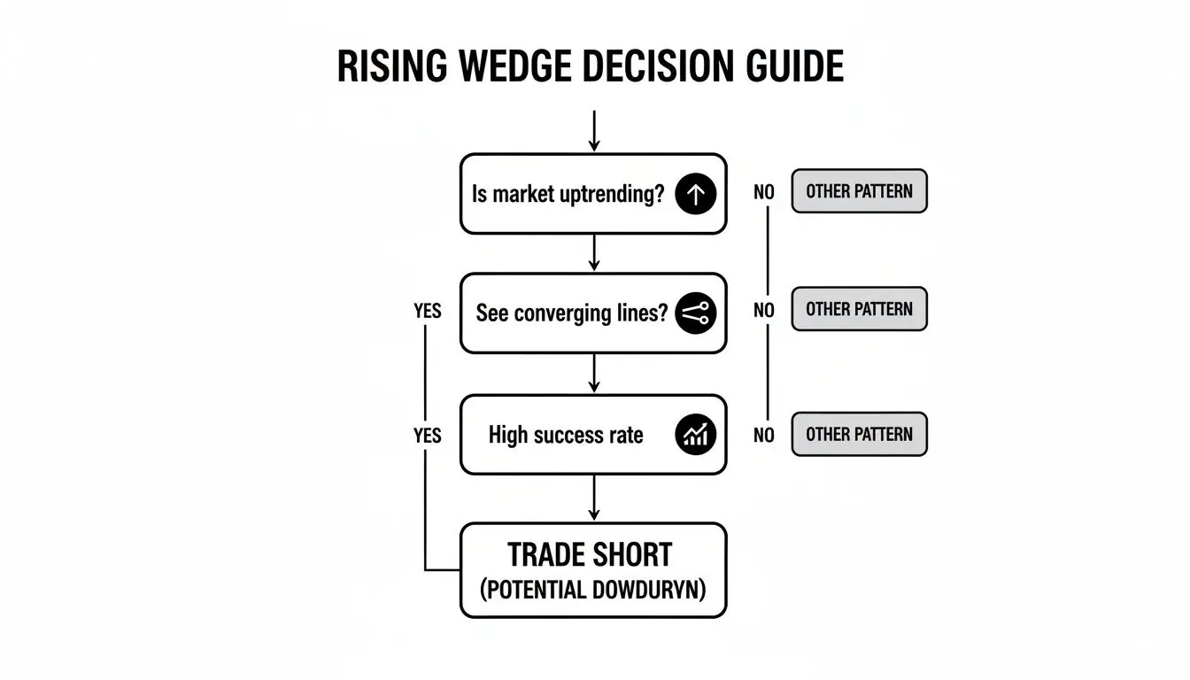 A rising wedge decision guide flowchart for traders, outlining steps to identify and trade this pattern.