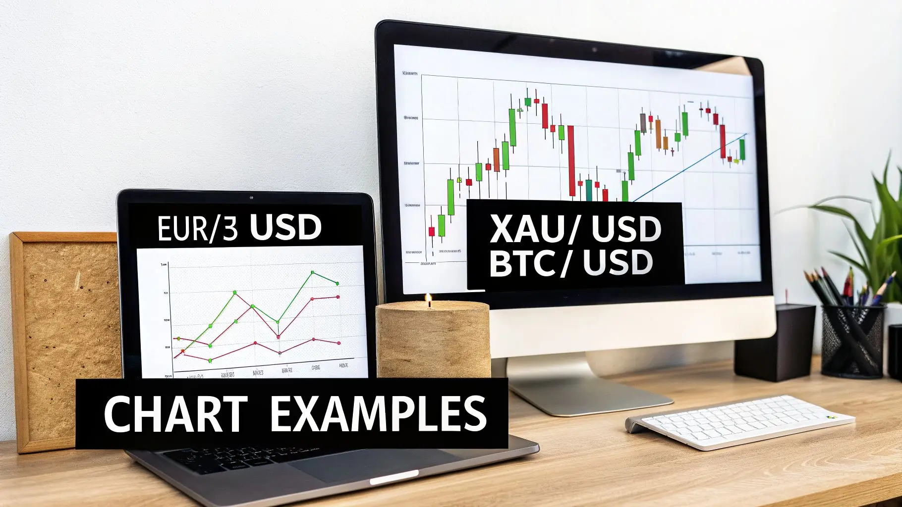Laptop and desktop screens display financial charts for EUR/USD, XAU/USD, and BTC/USD, illustrating trading examples.