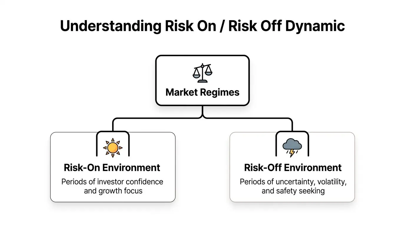 A diagram explaining the risk on and risk off market regimes, showing periods of confidence versus uncertainty.