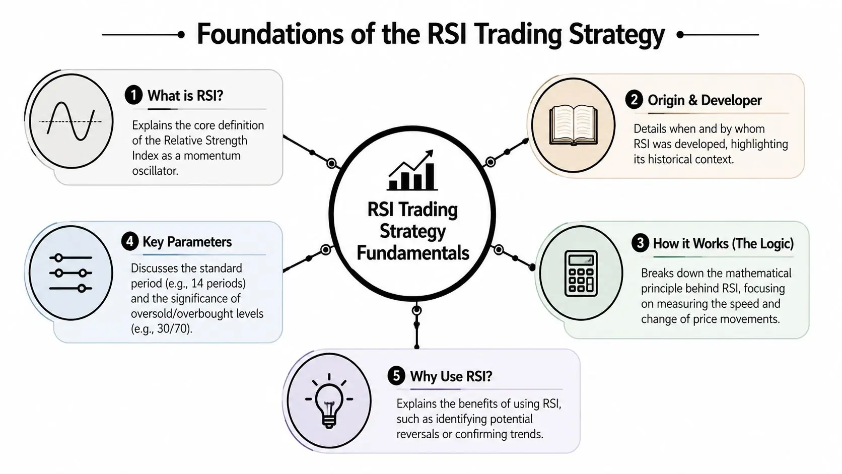 A diagram outlining the five foundational concepts of the RSI trading strategy, including definition, origin, and mechanics.