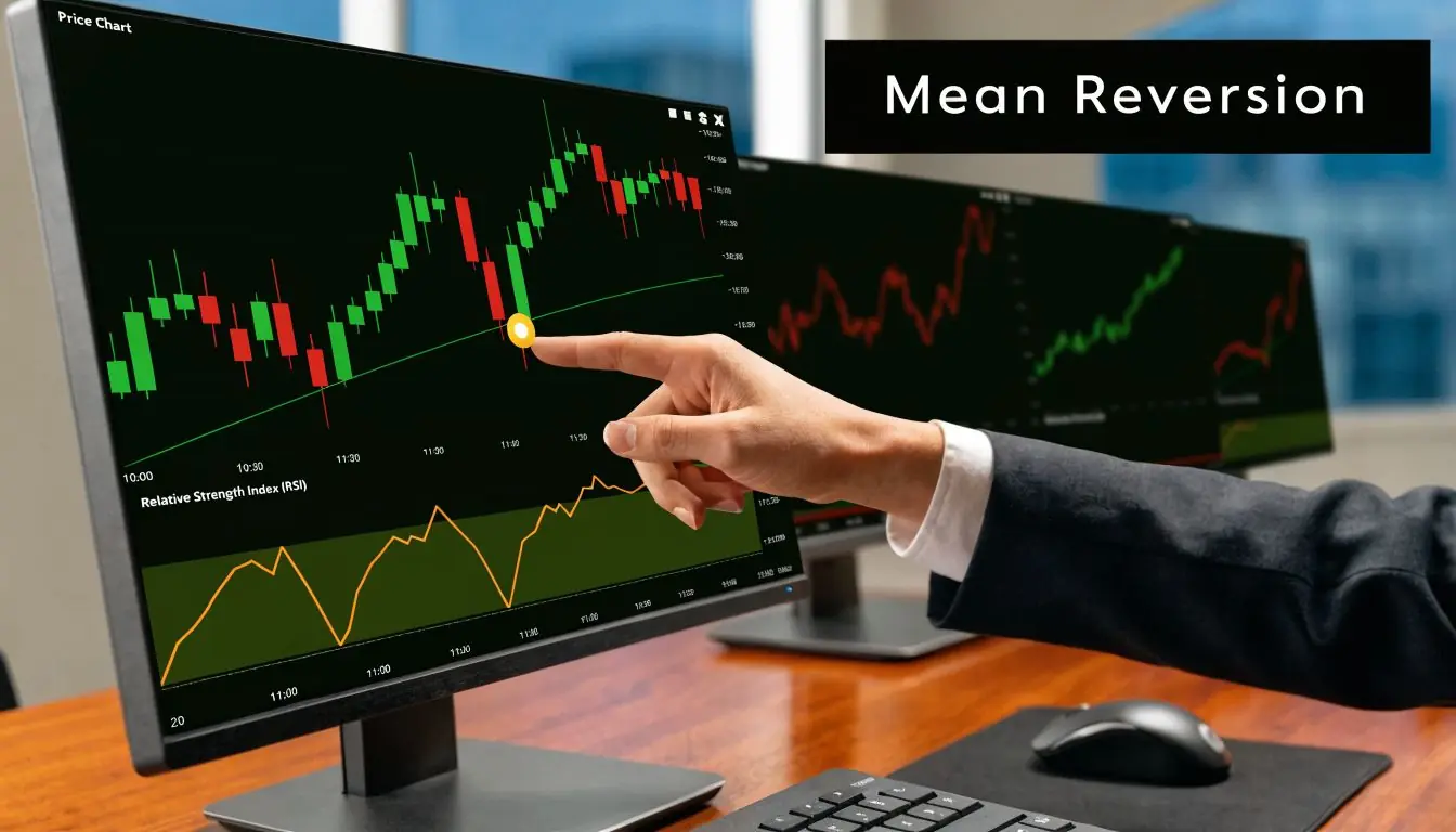 A professional trader analyzes market price charts and RSI indicators on multiple monitors to execute trading strategies.