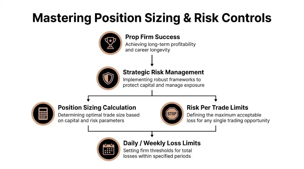 A diagram illustrating the key pillars of mastering position sizing and risk controls for professional traders.