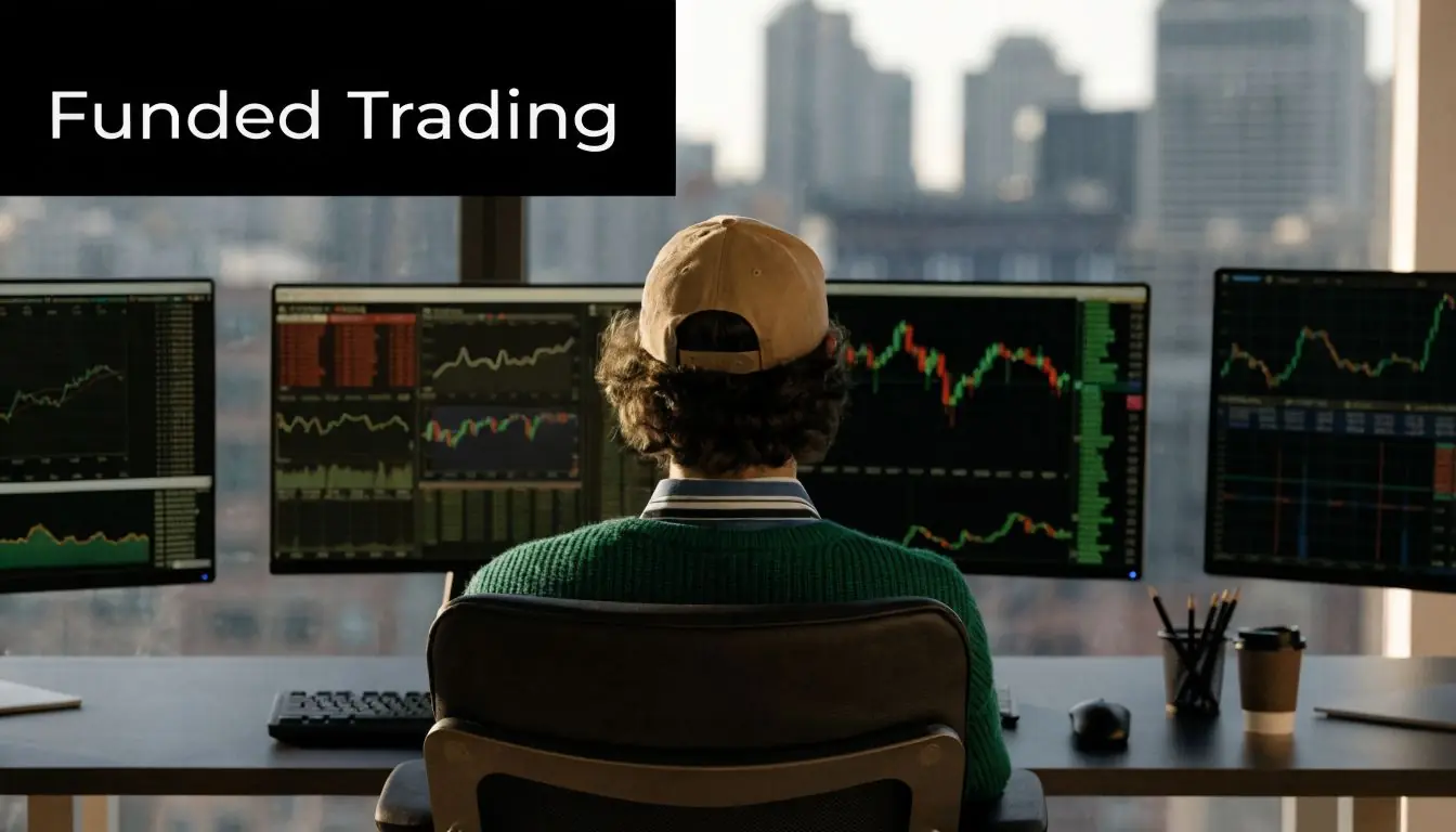 A trader sitting at a desk with multiple monitors displaying stock market graphs in a city office.