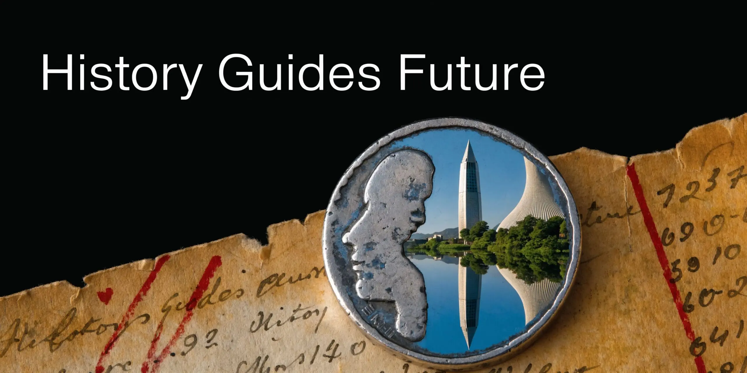 A conceptual image featuring a coin showing a modern skyscraper resting on old handwritten ledger paper.