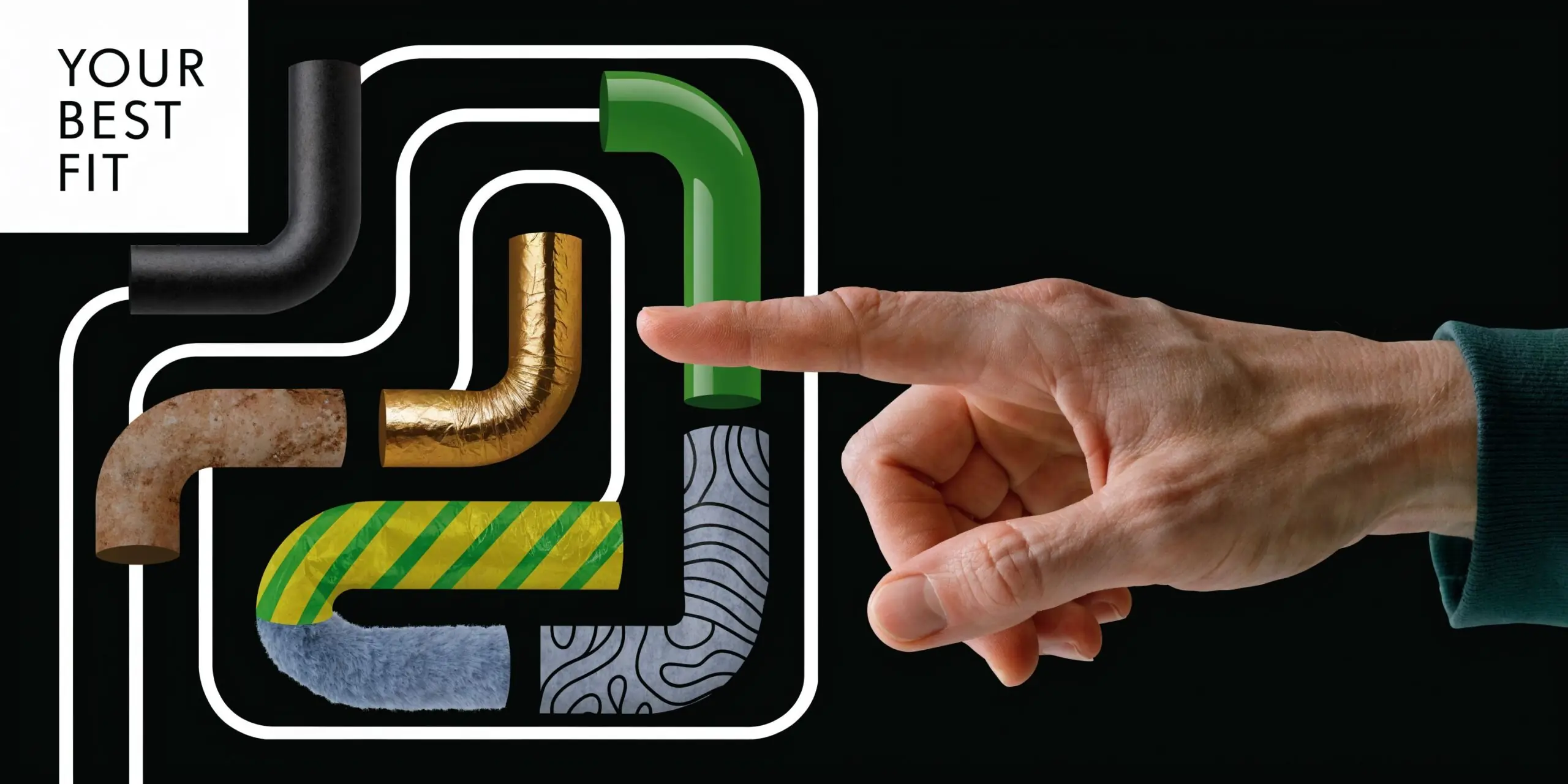 A human finger points toward a creative graphic featuring diverse pipe segments arranged in a maze puzzle.