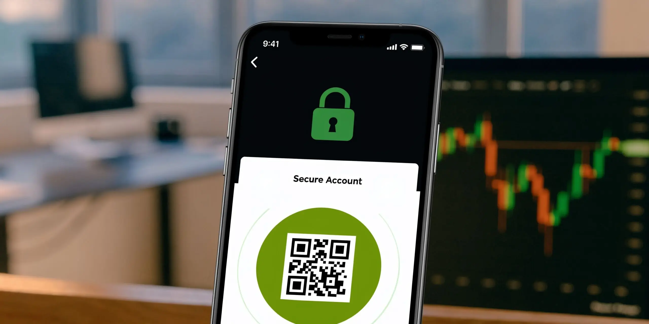 A smartphone screen displaying a secure account QR code for a mobile trading application authentication process.