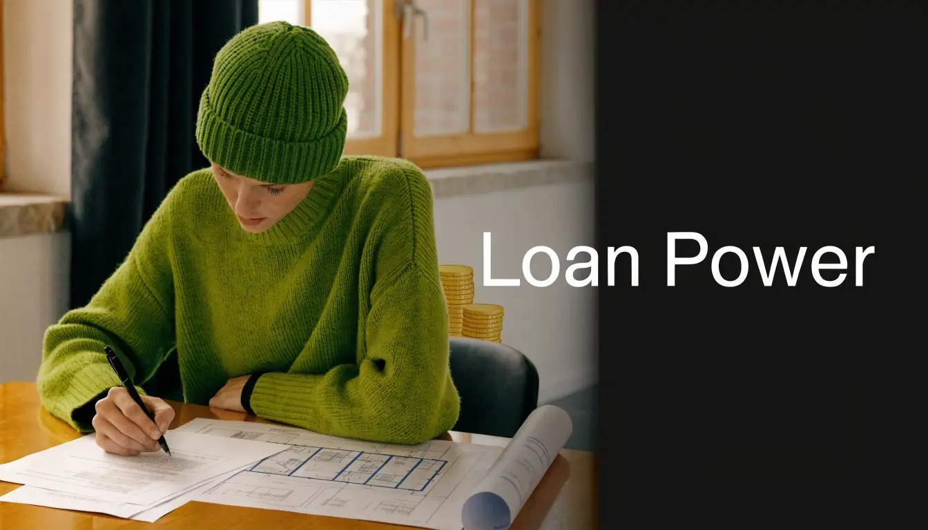 A person in a green sweater and beanie sketching blueprints on a desk near stacked gold coins.