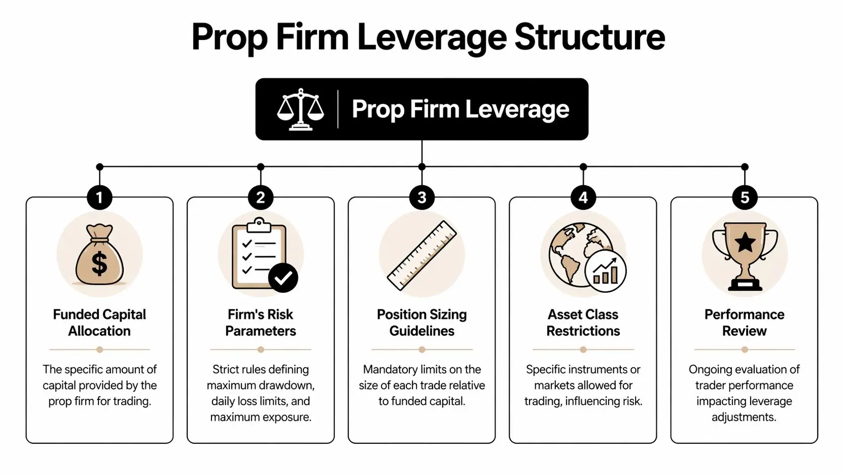 An infographic showing the five key components of a prop firm leverage structure for traders.