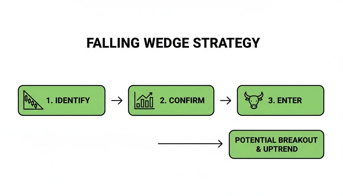 Flowchart illustrating the 'Falling Wedge Strategy' with steps: Identify, Confirm, Enter, leading to potential breakout and uptrend.