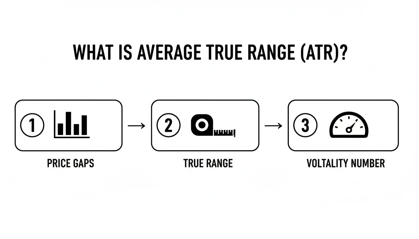 An infographic explaining Average True-Range (ATR) through price gaps, true range, and volatility number.