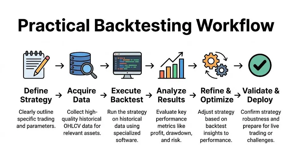 A diagram illustrating the practical backtesting workflow, showing six steps from defining a strategy to final deployment.