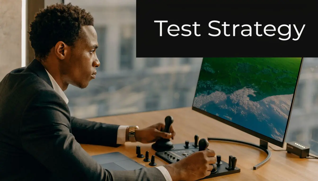A professional man in a suit operates a complex control console while watching an aerial landscape screen.