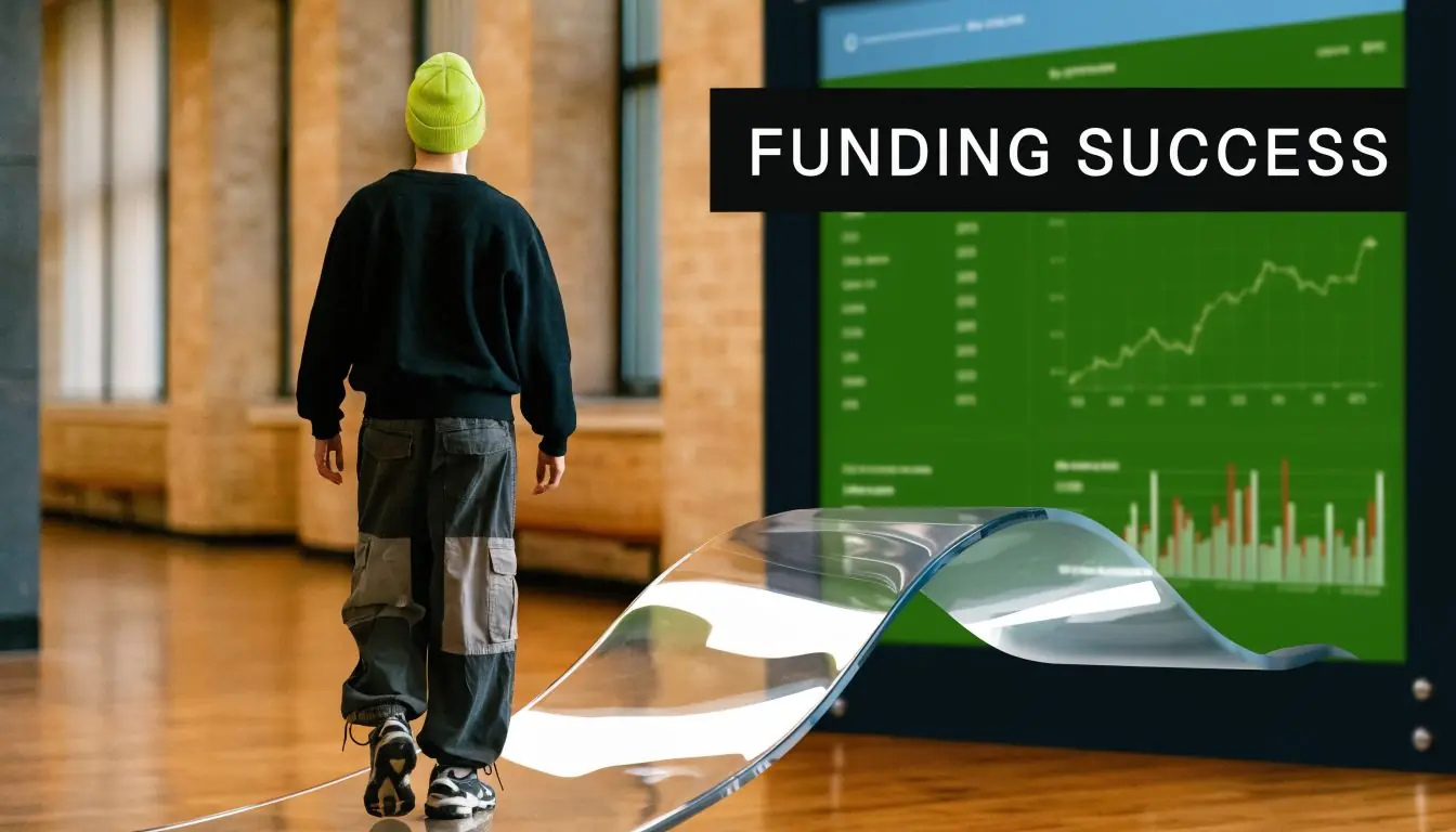 A person in a bright green beanie walks toward a large digital screen displaying financial growth data.