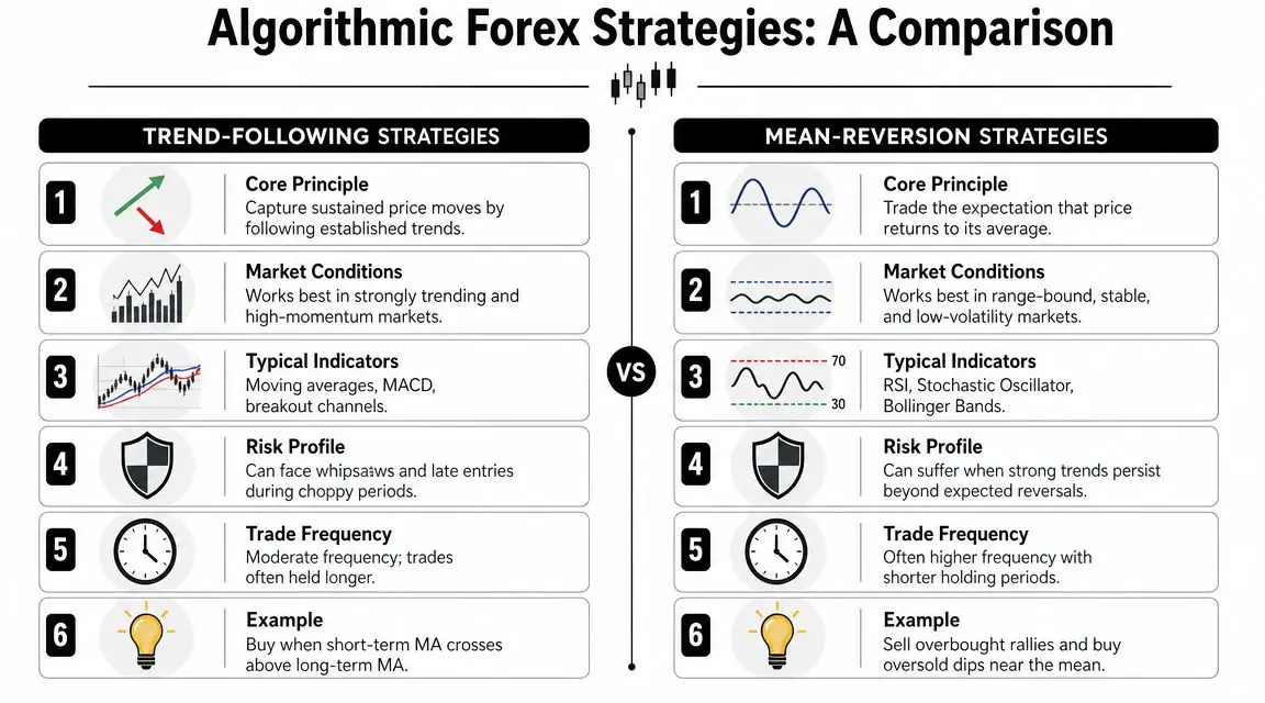 A comparison chart outlining the core differences between trend-following and mean-reversion strategies in algorithmic forex trading.