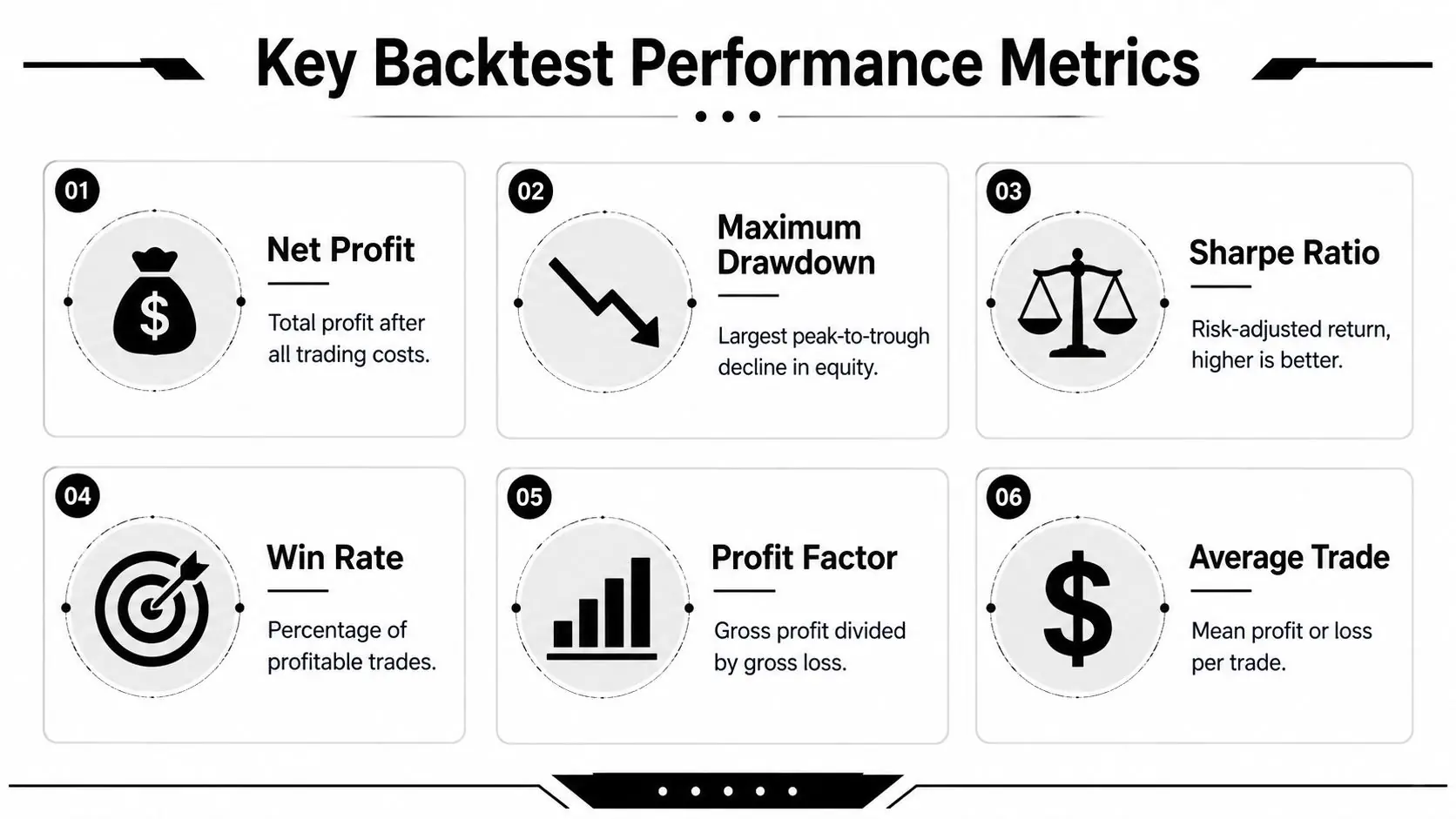An infographic displaying six key backtest performance metrics used for evaluating trading strategy results.
