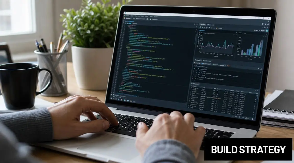 A developer working on stock market back testing analysis on a laptop in a well-lit office.