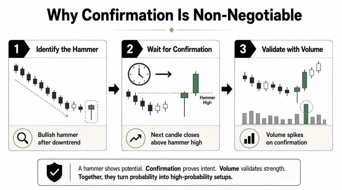 A three-step infographic explaining how to trade using a bullish hammer candle with confirmation and volume.