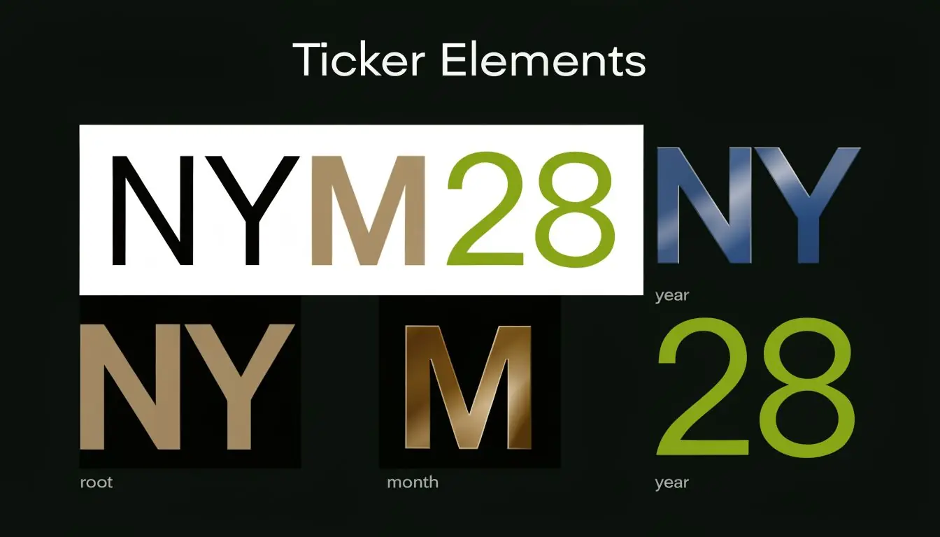 A graphic diagram showing how CME futures ticker codes are constructed using root, month, and year elements.