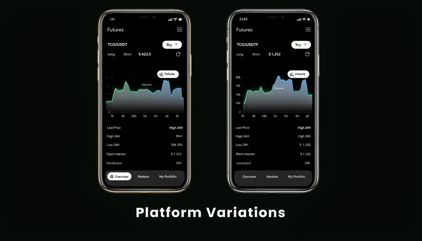 Two mobile phone screens displaying cryptocurrency futures trading app interfaces with charts and financial market data.