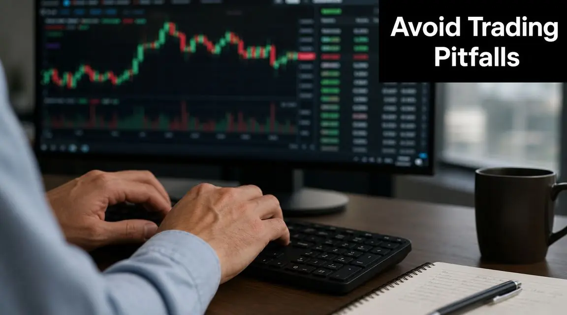 A trader working at a desk with a computer monitor showing stock market charts and analysis data.