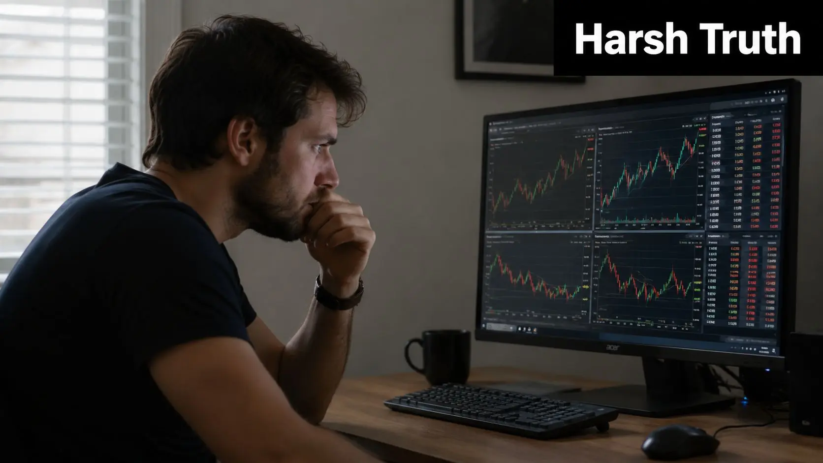 A focused man analyzing stock market financial charts on a computer screen in a home office.