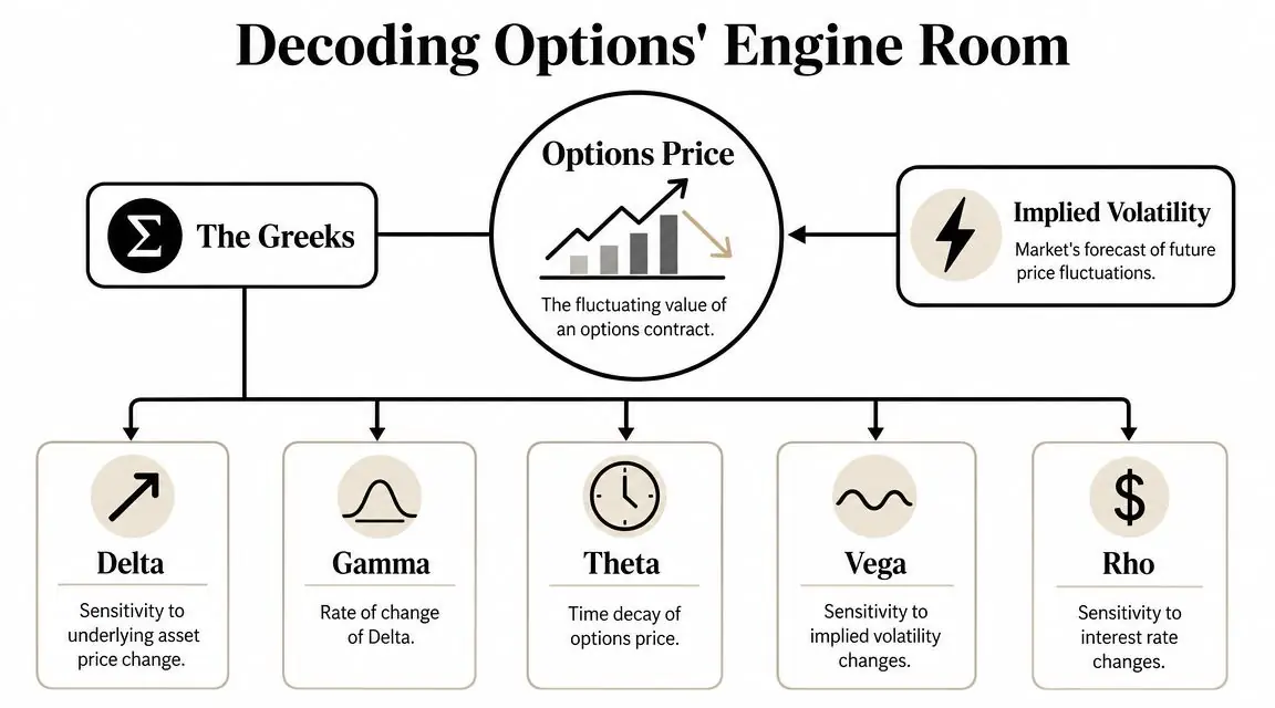 A diagram explaining option pricing components, including The Greeks (Delta, Gamma, Theta, Vega, Rho) and Implied Volatility.