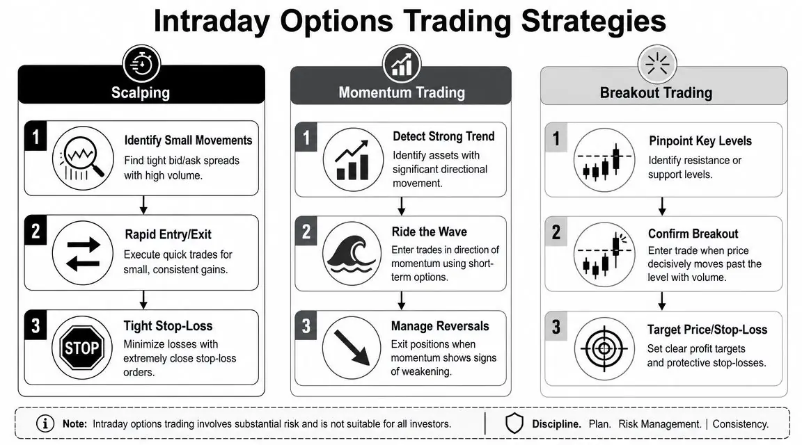 An infographic titled Intraday Options Trading Strategies, detailing steps for scalping, momentum, and breakout trading techniques.