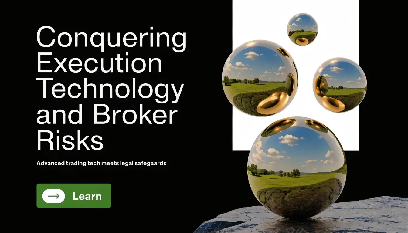 A digital graphic featuring text about conquering trading risks next to abstract metallic spheres in a landscape.